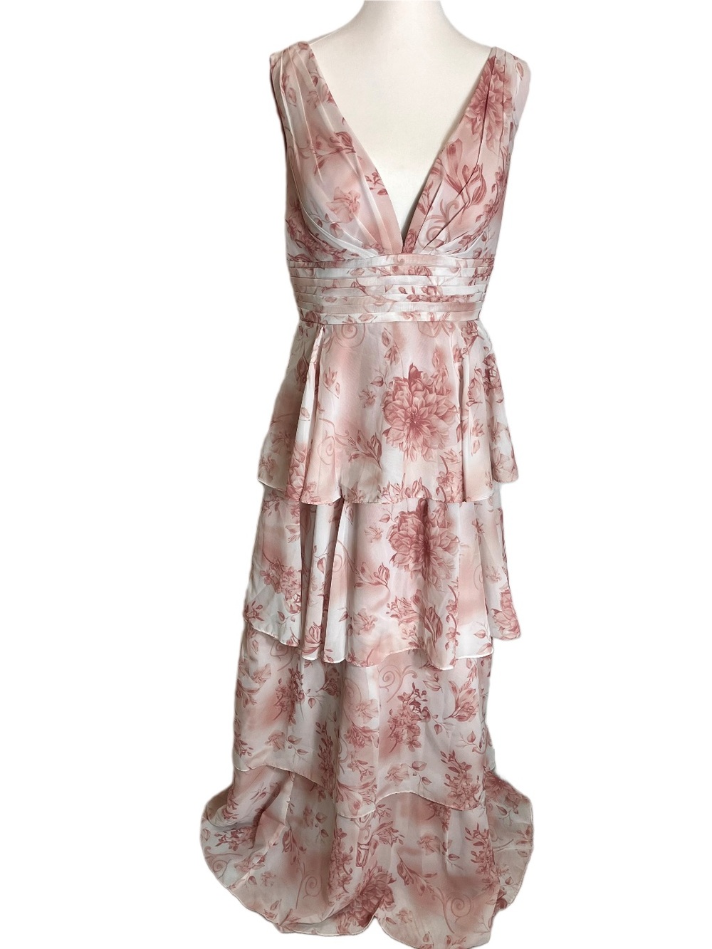 Lakeyo Flora Belle Blush Rose Tiered Floral V-Neck Maxi Dress Formal 12